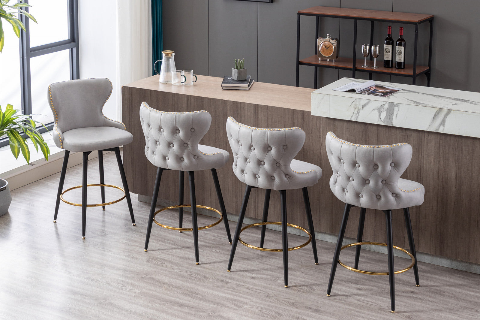 A&A Furniture,Counter Height 25" Modern Leathaire Fabric bar chairs,180° Swivel Bar Stool Chair for Kitchen,Tufted Gold Nailhead Trim Bar Stools with Metal Legs,Set of 2 (Light Gray)