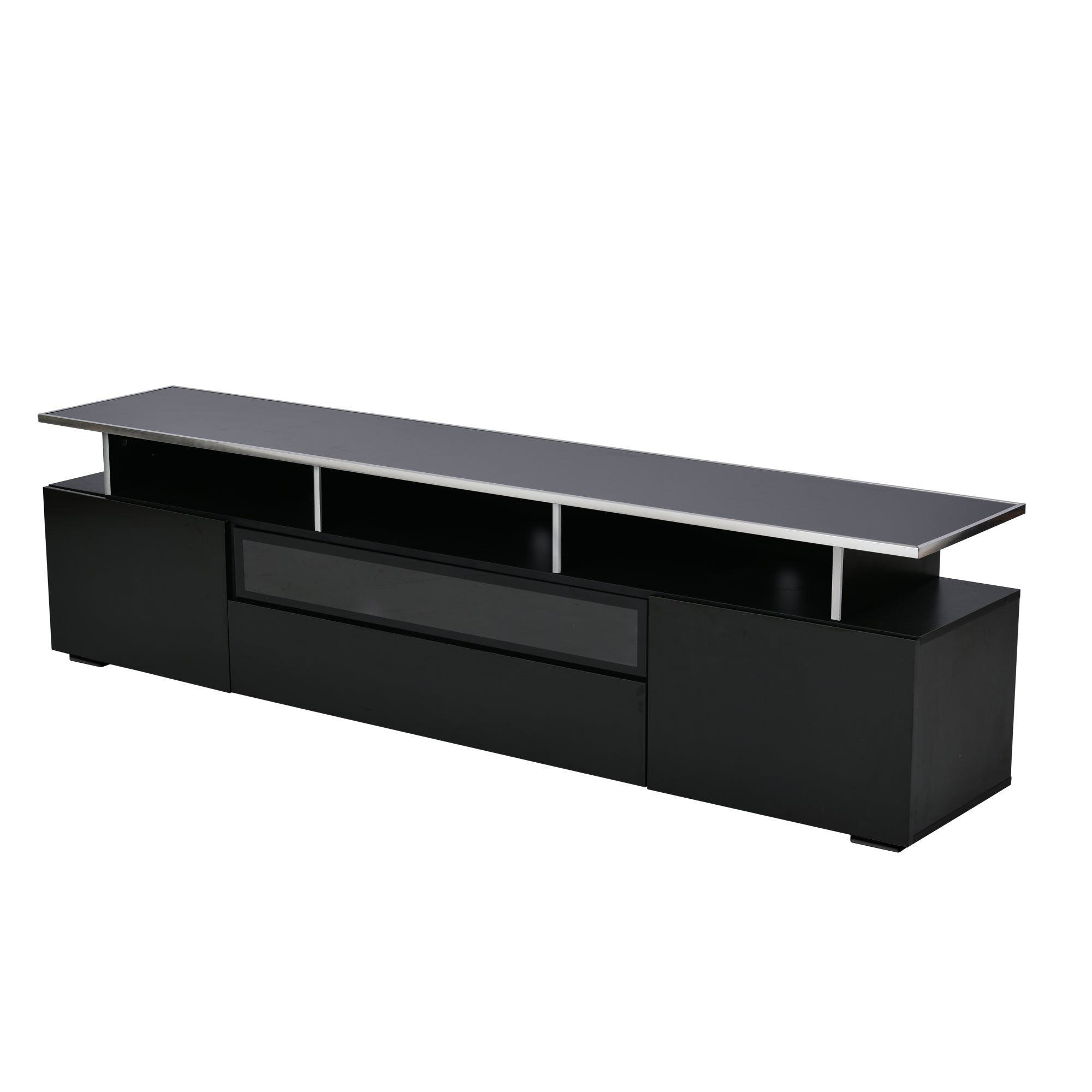 ON-TREND Modern TV Stand with Push to Open Doors, UV High-Gloss Entertainment Center with Acrylic Board for TVs Up to 80", Stylish TV Cabinet with LED Color Changing Lights for Living Room, Black