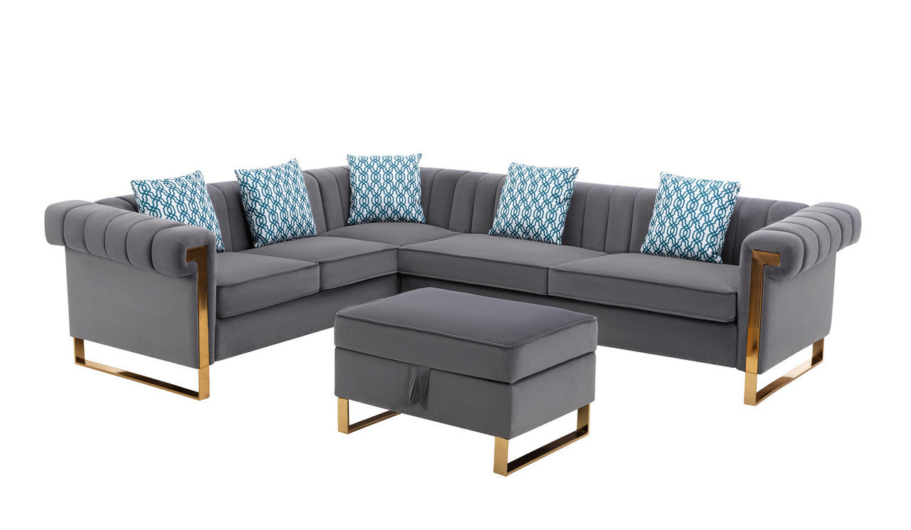 Maddie Gray Velvet 6-Seater Sectional Sofa with Storage Ottoman