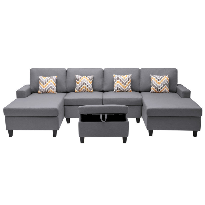 Nolan Gray Linen Fabric 5Pc Double Chaise Sectional Sofa with Interchangeable Legs, Storage Ottoman, and Pillows