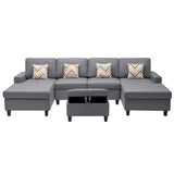 Nolan Gray Linen Fabric 5Pc Double Chaise Sectional Sofa with Interchangeable Legs, Storage Ottoman, and Pillows