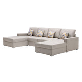 Nolan Beige Linen Fabric 4Pc Double Chaise Sectional Sofa with Pillows and Interchangeable Legs