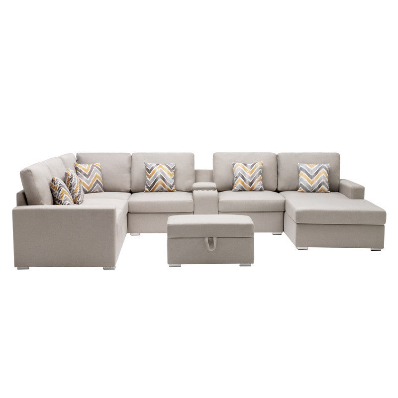 Nolan Beige Linen Fabric 8Pc Reversible Chaise Sectional Sofa with Interchangeable Legs, Pillows, Storage Ottoman, and a USB, Charging Ports, Cupholders, Storage Console Table