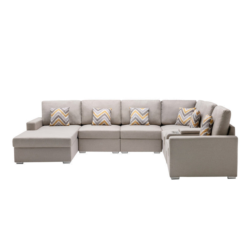 Nolan Beige Linen Fabric 7Pc Reversible Chaise Sectional Sofa with a USB, Charging Ports, Cupholders, Storage Console Table and Pillows and Interchangeable Legs
