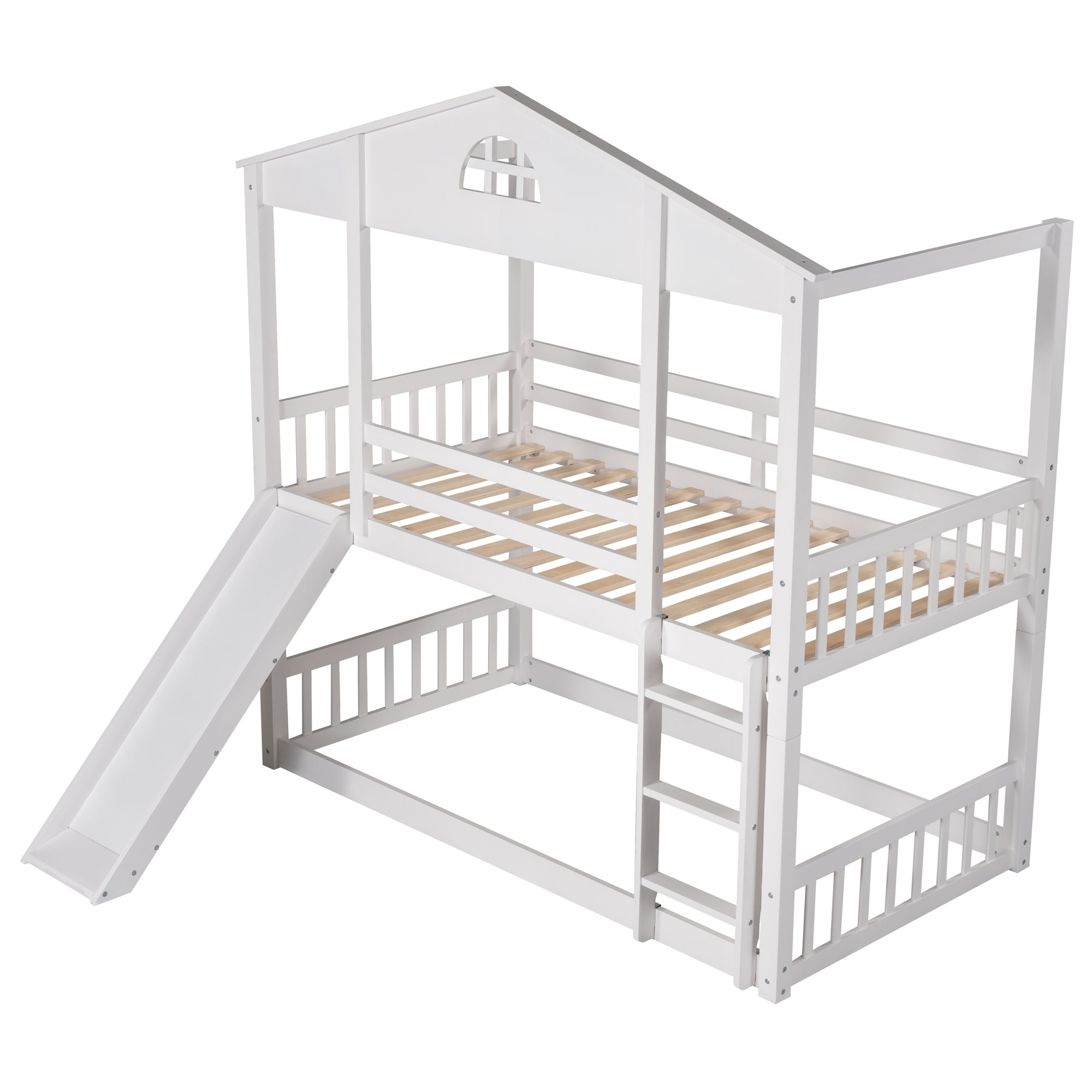 Twin over Twin House Bunk Bed with Convertible Slide and Ladder,Converts into 2 Separate Platform Beds,White