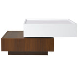 [VIDEO provided] ON-TREND Square 360°Rotating Coffee Table with 2 Drawers, High Gloss 2-Tier Center Table with Swivel Tabletop and Storage, Walnut Table Frame Side Table for Living Room, White