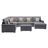 Nolan Gray Linen Fabric 8Pc Reversible Chaise Sectional Sofa with Interchangeable Legs, Pillows, Storage Ottoman, and a USB, Charging Ports, Cupholders, Storage Console Table