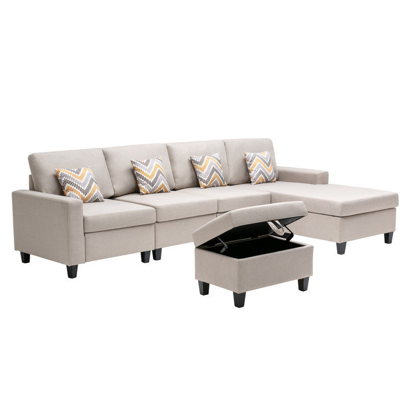 Nolan Beige Linen Fabric 5Pc Reversible Sofa Chaise with Interchangeable Legs, Storage Ottoman, and Pillows