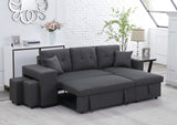 Dennis Dark Gray Linen Fabric Reversible Sleeper Sectional with Storage Chaise and 2 Stools