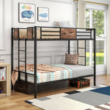 Bunk Bed Twin Over Twin Size Metal Bunk Bed with Ladder and Full-Length Guardrail, Metal Bunk Bed, Storage Space, No Box Spring Needed, Noise Free, Black