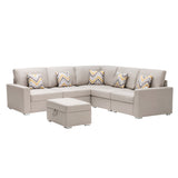 Nolan Beige Linen Fabric 6Pc Reversible Sectional Sofa with Pillows, Storage Ottoman, and Interchangeable Legs