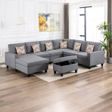 Nolan Gray Linen Fabric 7Pc Reversible Chaise Sectional Sofa with Interchangeable Legs, Pillows and Storage Ottoman