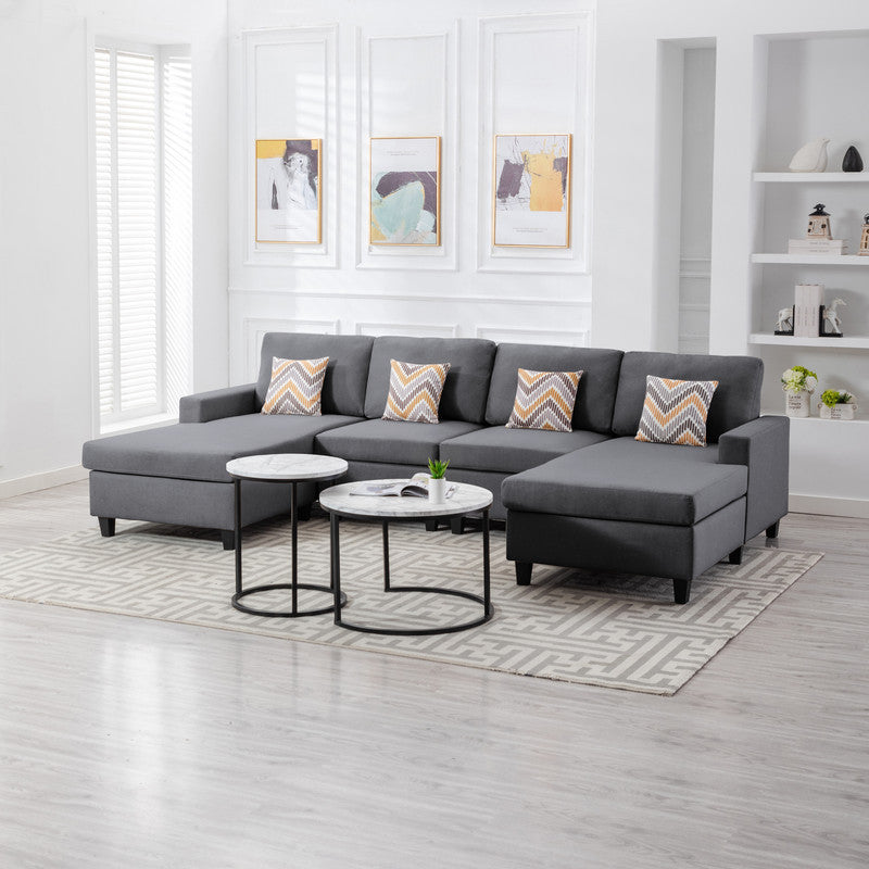 Nolan Gray Linen Fabric 4Pc Double Chaise Sectional Sofa with Pillows and Interchangeable Legs