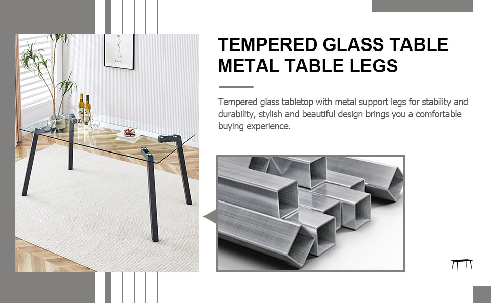 Table and chair set. 1 table and 6 light grey chairs. Glass dining table with 0.31-inch tempered glass tabletop and black coated metal legs. Equipped with light grey PU chairs 1123 008