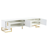 ON-TREND Modern TV Stand with Metal Legs and Gold Handles for TVs Up to 80'', Media Console Table with Cabinets and Adjustable Shelves, Luxury TV Cabinet with Geometric Lines for Living Room, White