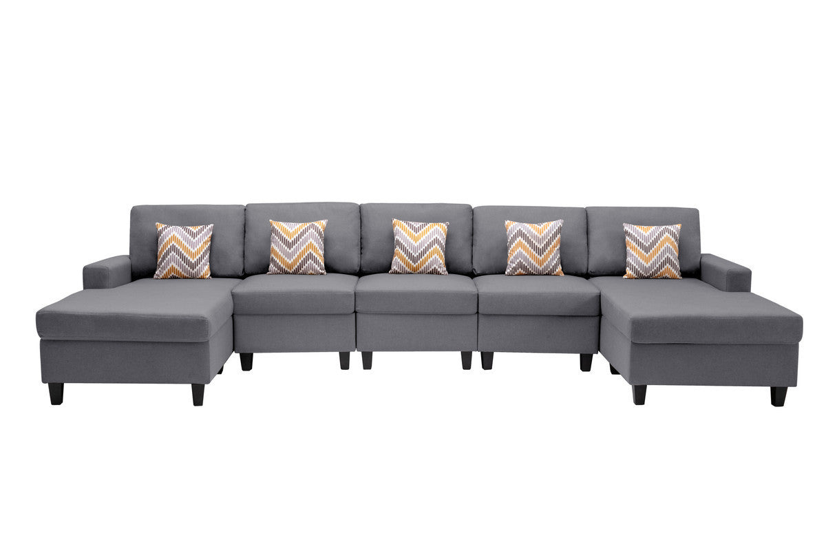 Nolan Gray Linen Fabric 5Pc Double Chaise Sectional Sofa with Pillows and Interchangeable Legs