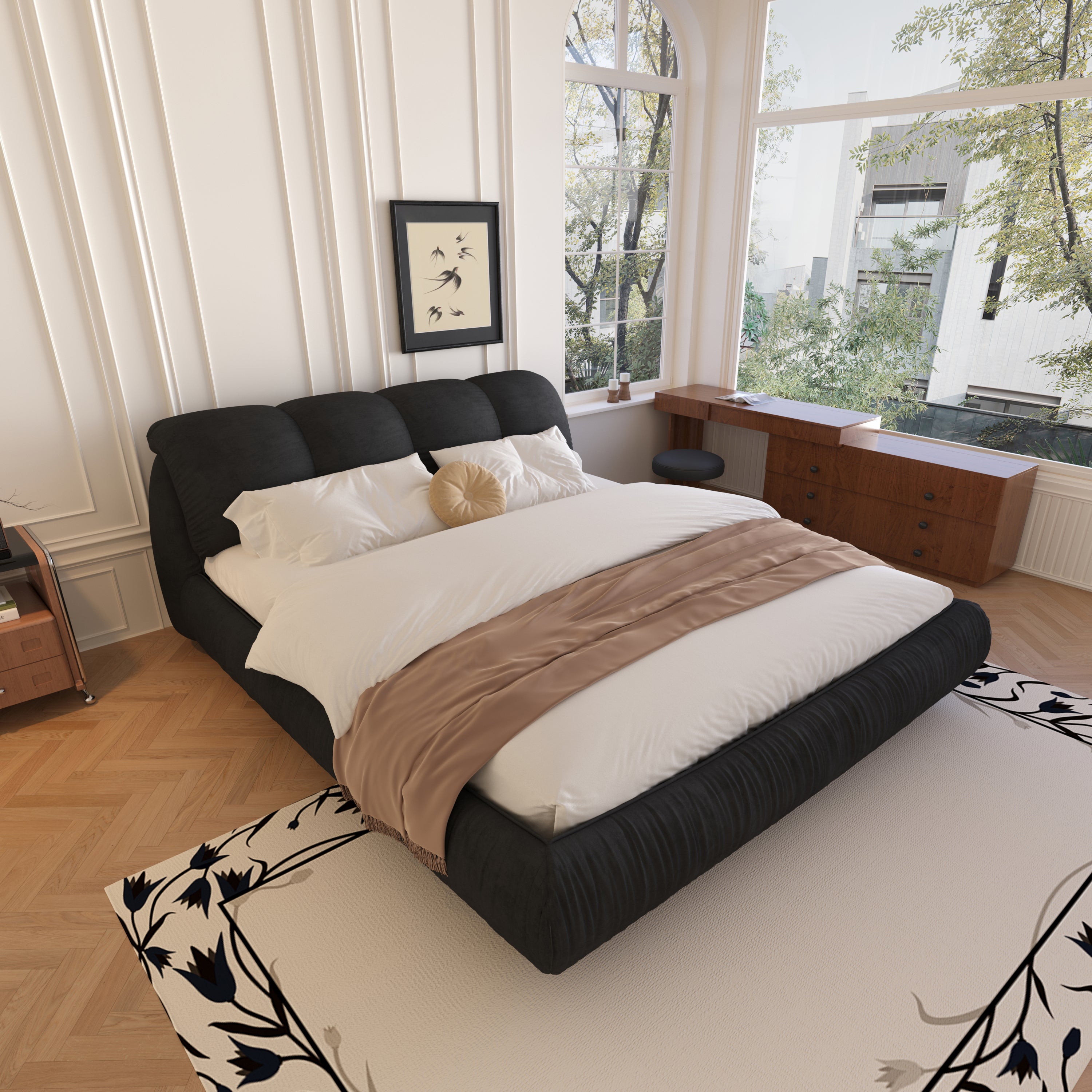 Queen Size Upholstered Platform Bed with Oversized Padded Backrest, Thickening Pinewooden Slats and Solid Wood Leg,Black