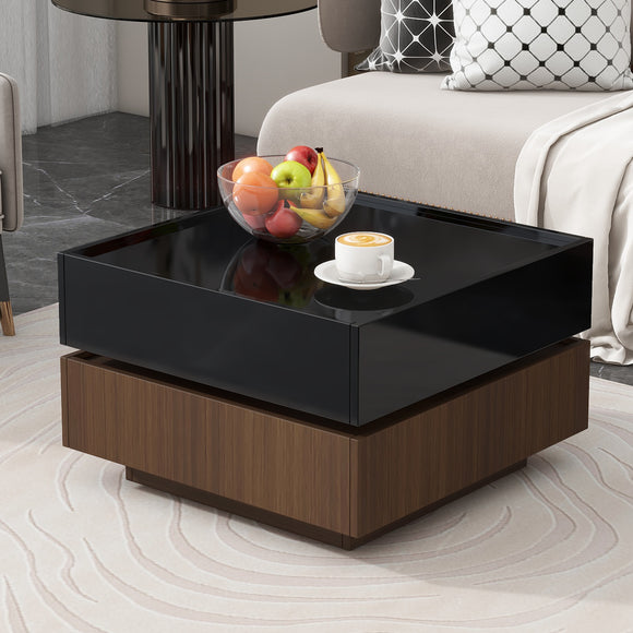 ON-TREND Multi-functional Square 360°Rotating Coffee Table with 2 Drawers, High Gloss 2-Tier Center Table with Swivel Tabletop and Storage, Walnut Table Frame Side Table for Living Room, Black