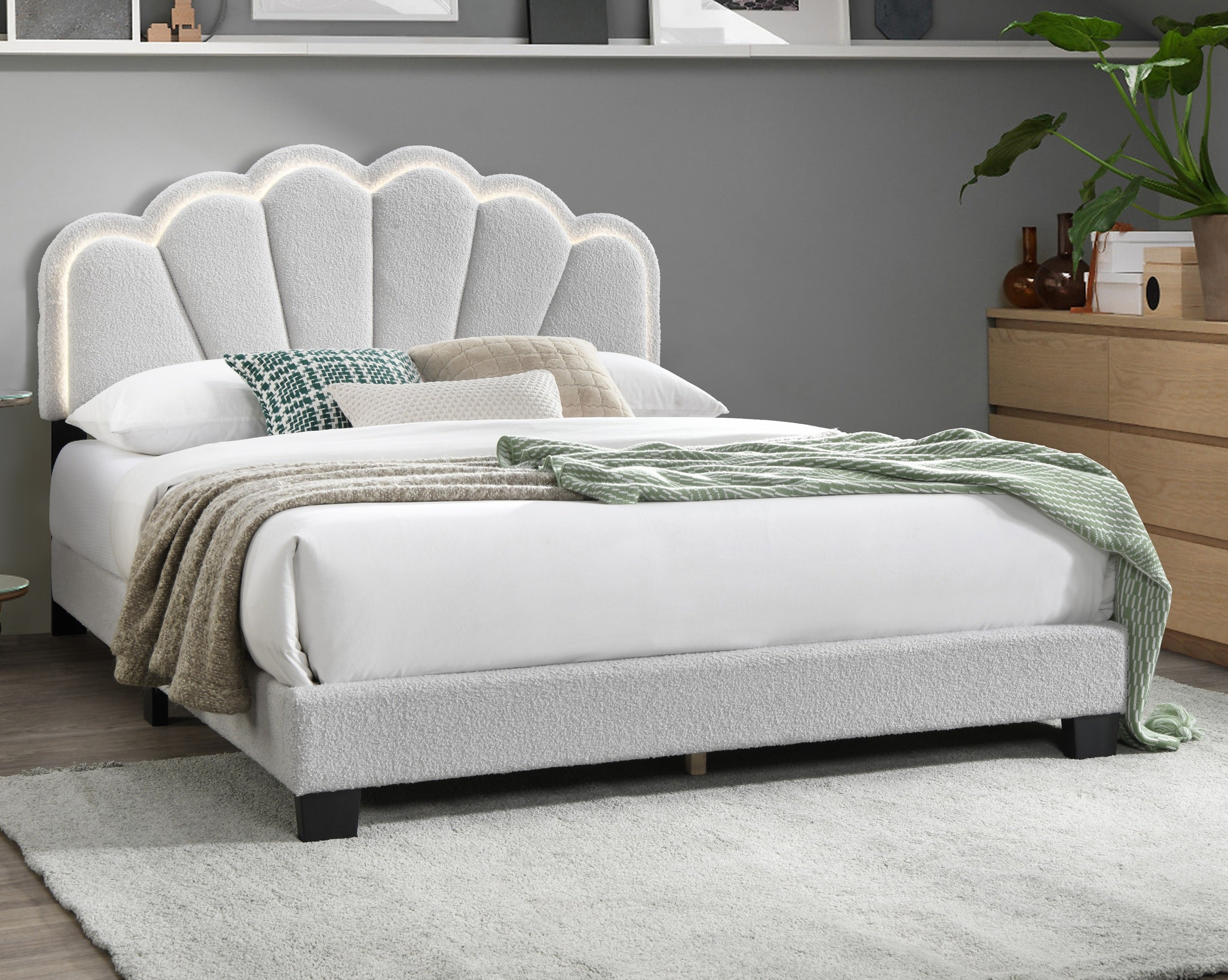 1pc Full Size Bed Wool Fabric Floral Design Headboard w LED Fully Upholstered Platform Bed frame