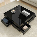 ON-TREND Modern High Gloss Coffee Table with 4 Drawers, Multi-Storage Square Cocktail Tea Table with Wood Grain Legs, Center Table for Living Room, 31.5''x31.5'', Black