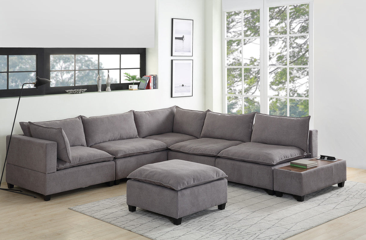 Madison Light Gray Fabric 7Pc Modular Sectional Sofa with Ottoman and USB Storage Console Table