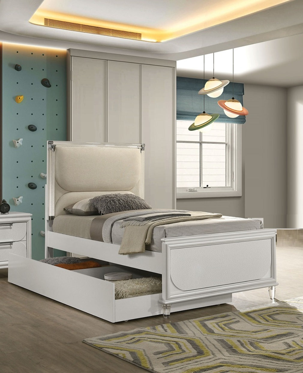 Contemporary Glam Pearl White Upholstered Full Size Bed w LED W Trundle Embossed Panel 1pc Bedframe Bedroom Furniture