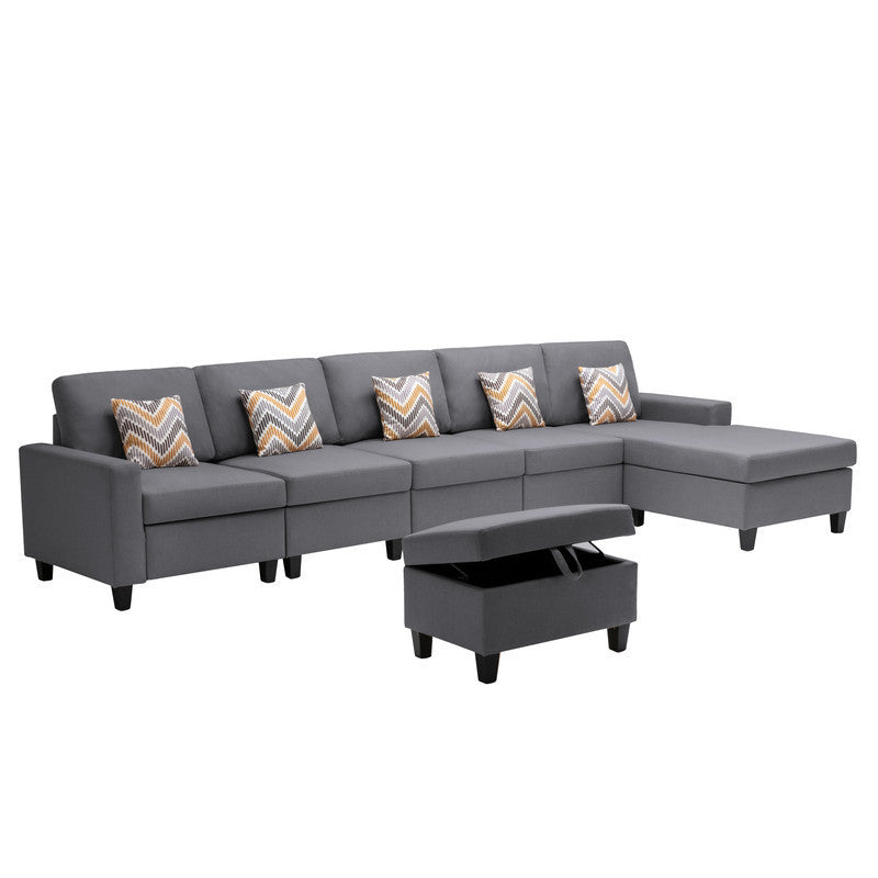 Nolan Gray Linen Fabric 6Pc Reversible Sectional Sofa Chaise with Interchangeable Legs, Pillows and Storage Ottoman