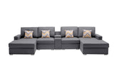 Nolan Gray Linen Fabric 5Pc Double Chaise Sectional Sofa with Interchangeable Legs, a USB, Charging Ports, Cupholders, Storage Console Table and Pillows