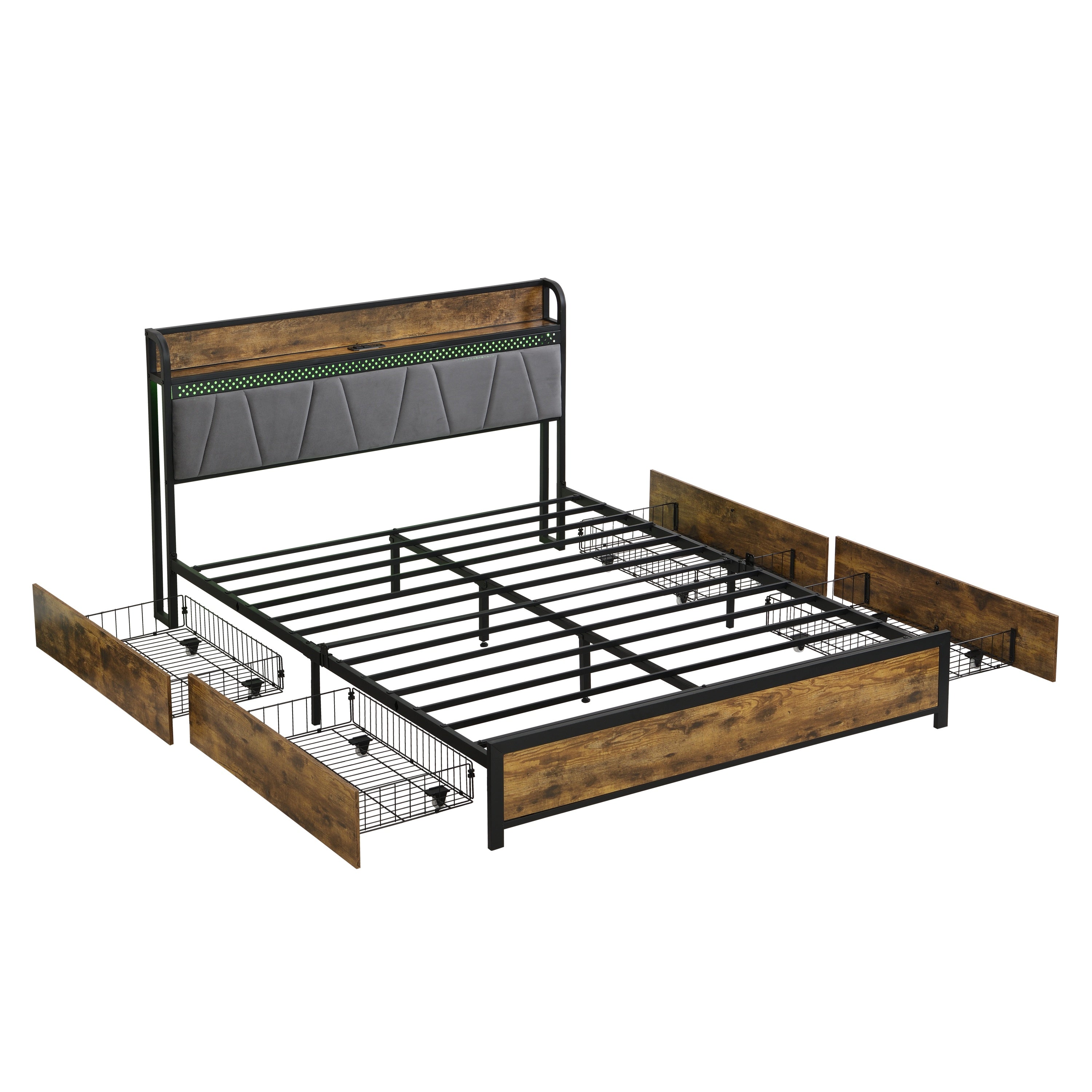 Contemporary Full Size Bed Frame with Storage Headboard, Charging Station, LED Lights, Brown and Gray, MDF and Metal