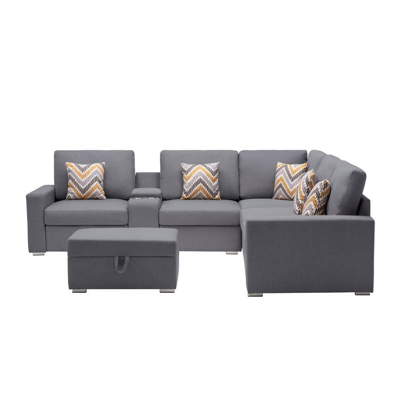 Nolan Gray Linen Fabric 7Pc Reversible Sectional Sofa with Interchangeable Legs, Pillows, Storage Ottoman, and a USB, Charging Ports, Cupholders, Storage Console Table