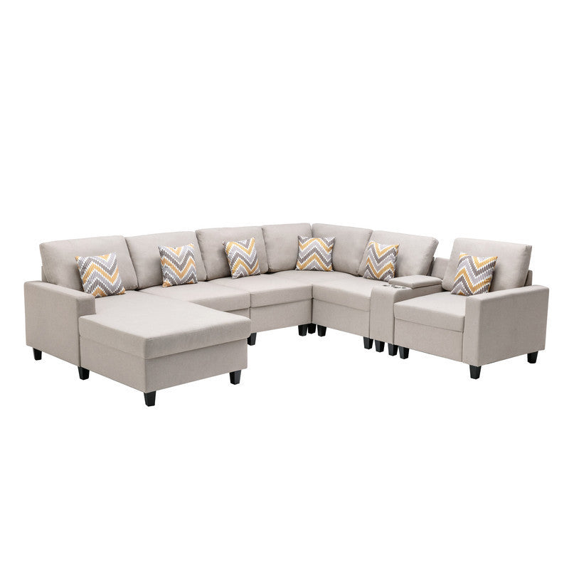Nolan Beige Linen Fabric 7Pc Reversible Chaise Sectional Sofa with a USB, Charging Ports, Cupholders, Storage Console Table and Pillows and Interchangeable Legs