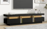 ON-TREND Luxury TV Stand with High Gloss Faux Marble Top for TVs Up to 78'', Rectangle Media Console with Golden Panel Design, Practical Entertainment Center with 3 Drawers for Living Room, Black