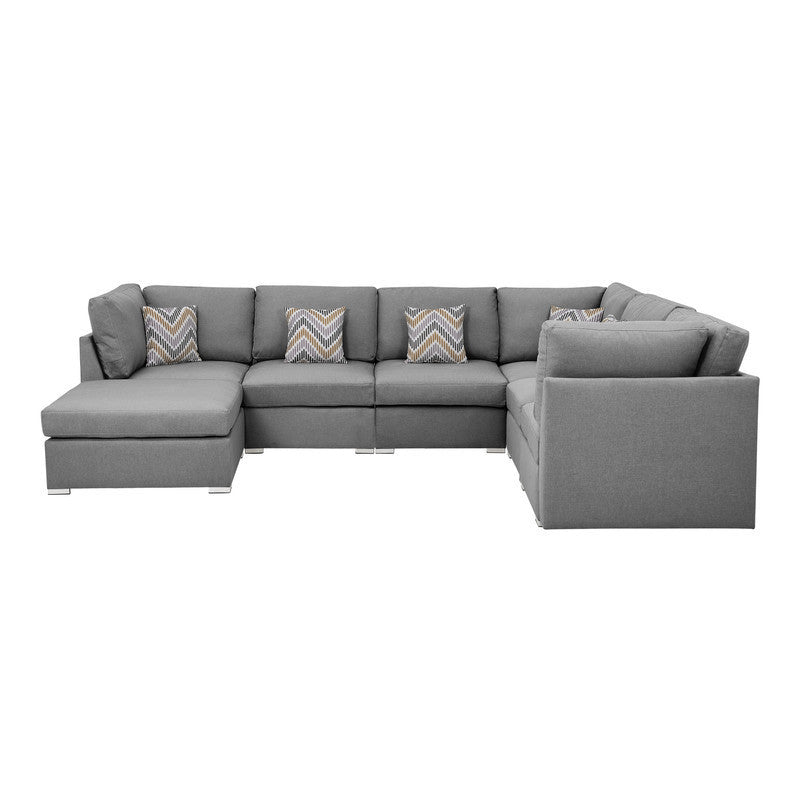 Amira 120.5" Gray Fabric Reversible Modular Sectional Sofa with Ottoman and Pillows