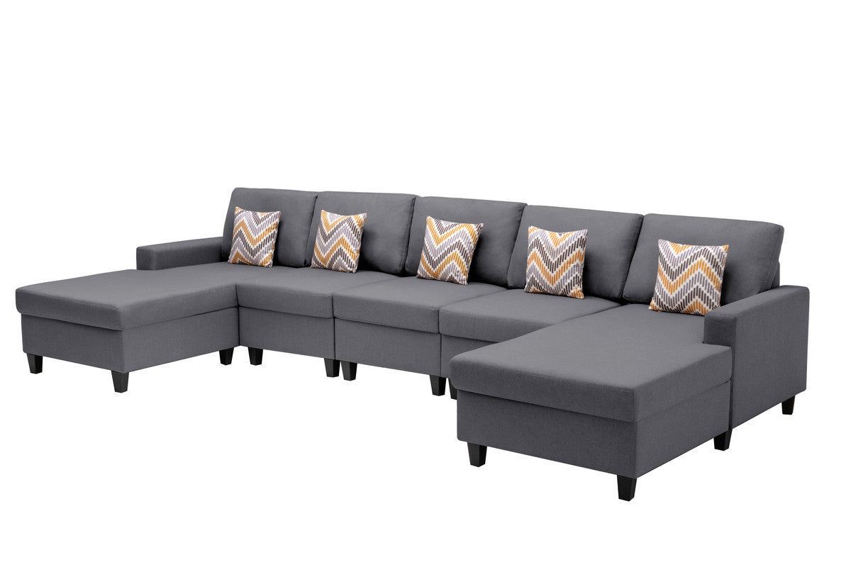 Nolan Gray Linen Fabric 5Pc Double Chaise Sectional Sofa with Pillows and Interchangeable Legs