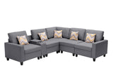 Nolan Gray Linen Fabric 6Pc Reversible Sectional Sofa with a USB, Charging Ports, Cupholders, Storage Console Table and Pillows and Interchangeable Legs