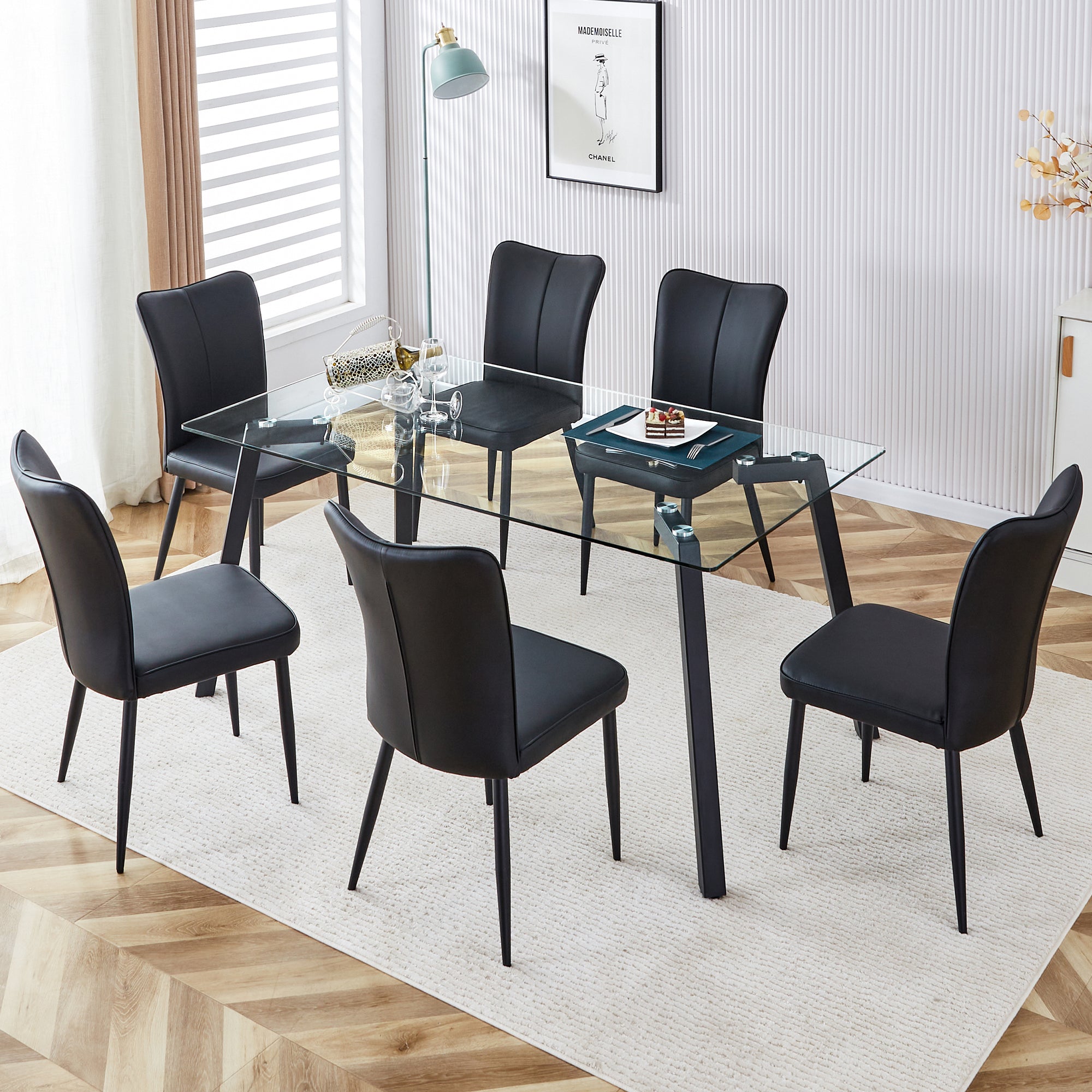 Table and chair set. 1 table and 6 black chairs. Glass dining table with 0.31-inch tempered glass tabletop and black coated metal legs. Equipped with black PU chairs 1123 008