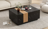 ON-TREND Modern 35.4 x 23.6 Inch Two-tone Coffee Table with Faux Marble and Walnut Wood Grain Finish, Rectangular Center Table with 2 Storage Drawers, Practical Cocktail Table for Living Room, Black