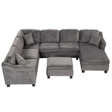 122" Dark Gray velvet fabric 4pcs Sectional Sofa with Ottoman with Right Side Chaise