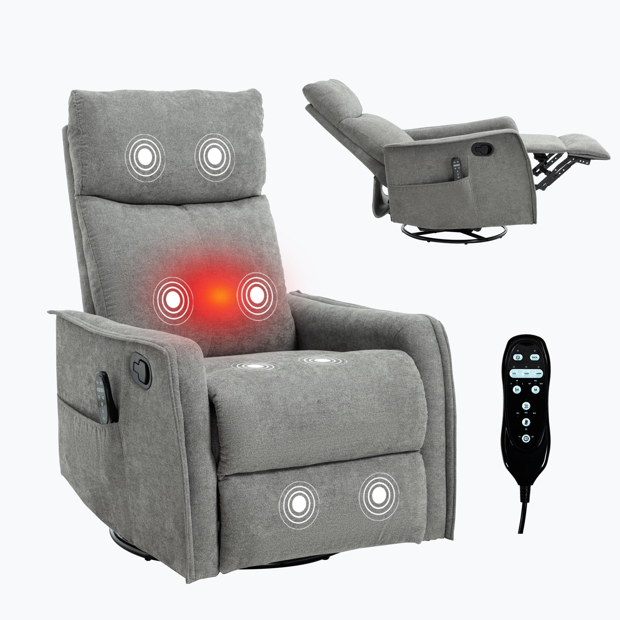 Heat Massage Manual Recliner Chair with Rocker and Swivel in Fabric for Living Room, Light Grey
