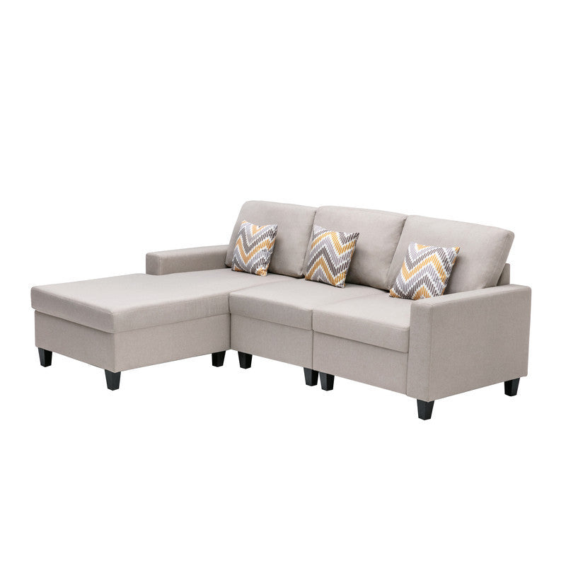 Nolan Beige Linen Fabric 3Pc Reversible Sectional Sofa Chaise with Pillows and Interchangeable Legs
