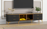 ON-TREND Stylish LED TV Stand with Marble-veined Table Top for TVs Up to 78'', Entertainment Center with Brown Glass Storage Cabinet, Golden Legs & Handles for Living Room, Black