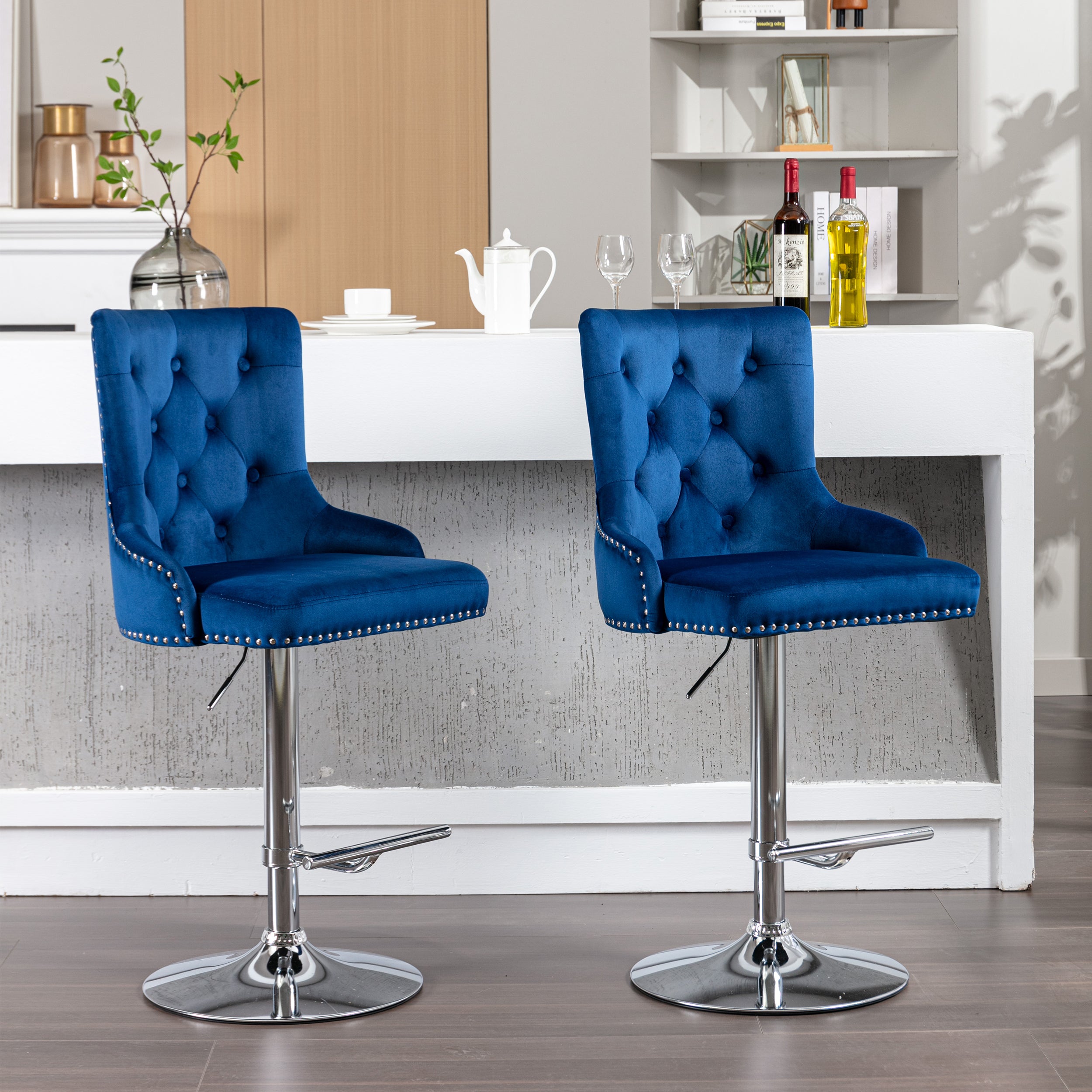 Swivel Velvet Barstools Adjusatble Seat Height , Modern Upholstered Bar Stools with Backs Comfortable Tufted for Home Pub and Kitchen Island（Dark Navy,Set of 2）
