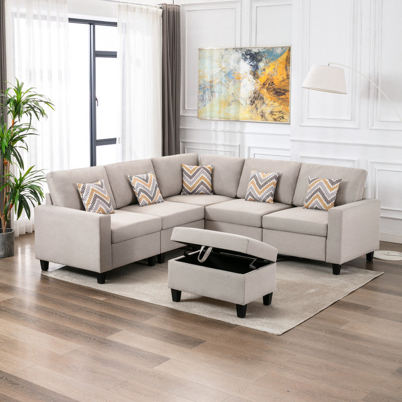 Nolan Beige Linen Fabric 6Pc Reversible Sectional Sofa with Pillows, Storage Ottoman, and Interchangeable Legs