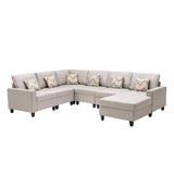 Nolan Beige Linen Fabric 6Pc Reversible Chaise Sectional Sofa with Pillows and Interchangeable Legs