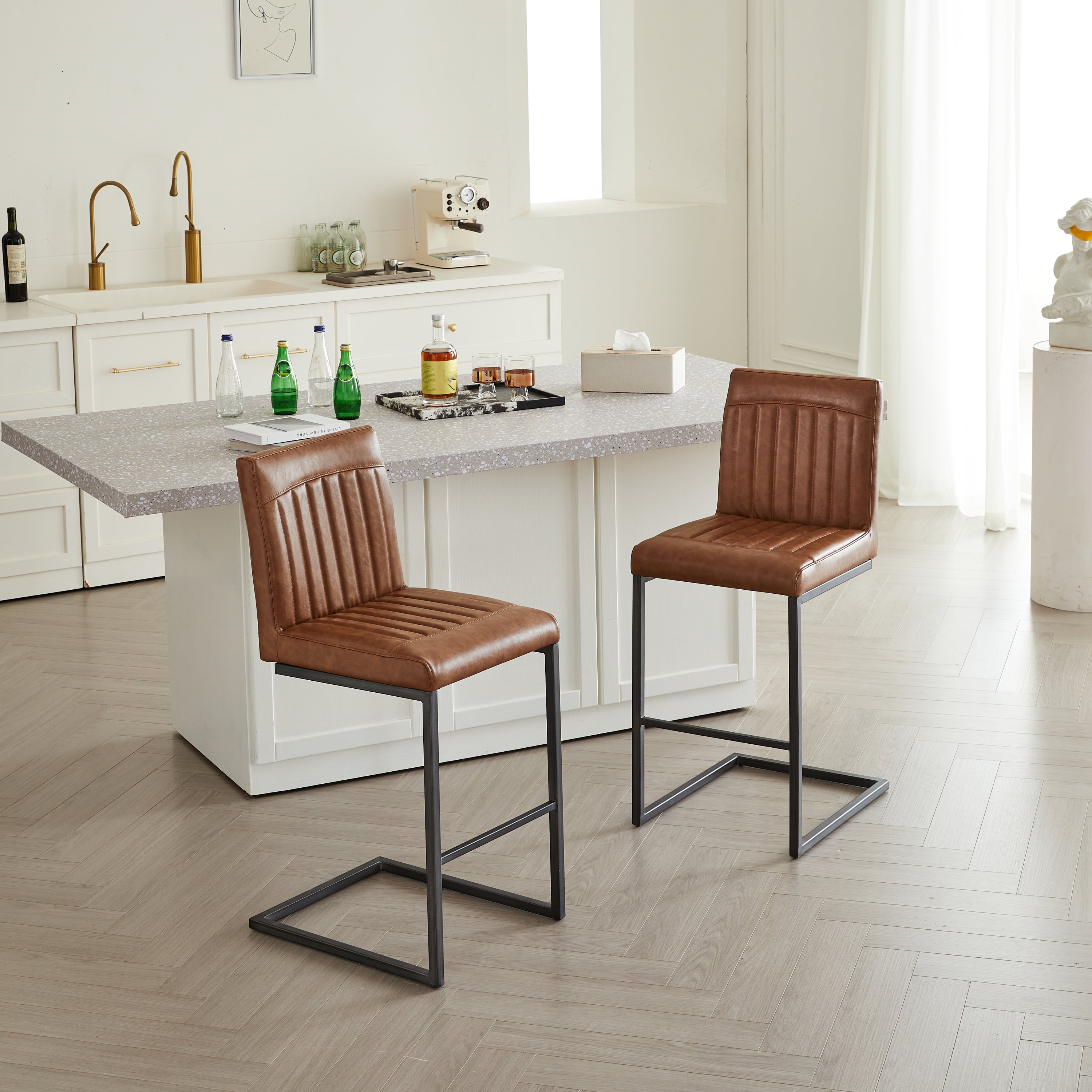 Vintage Brown Faux Leather Bar Stool - 26-Inch Counter Height, Vertical Tufted Backrest, Sturdy Black Metal Frame with Footrest for Kitchen Island & Home Bar,2 Sets