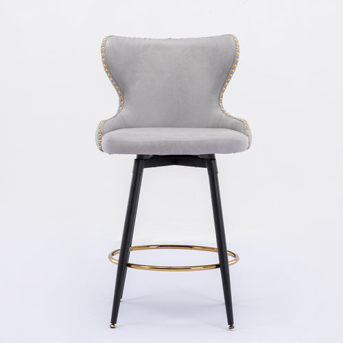 A&A Furniture,Counter Height 25" Modern Leathaire Fabric bar chairs,180° Swivel Bar Stool Chair for Kitchen,Tufted Gold Nailhead Trim Bar Stools with Metal Legs,Set of 2 (Light Gray)