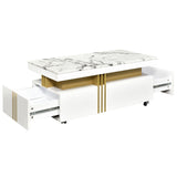 [VIDEO provided] ON-TREND Contemporary Coffee Table with Faux Marble Top, Rectangle Cocktail Table with Caster Wheels, Moderate Luxury Center Table with Gold Metal Bars for Living Room, White