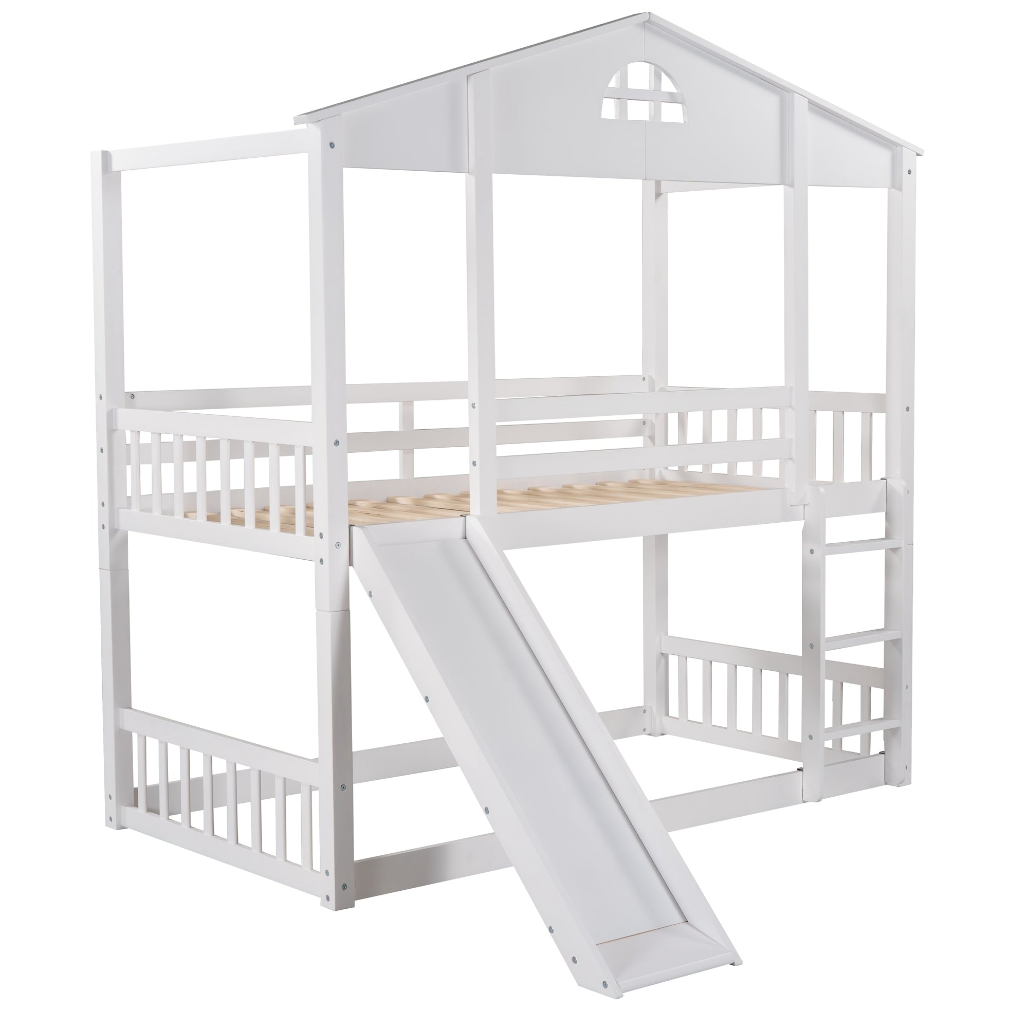 Twin over Twin House Bunk Bed with Convertible Slide and Ladder,Converts into 2 Separate Platform Beds,White