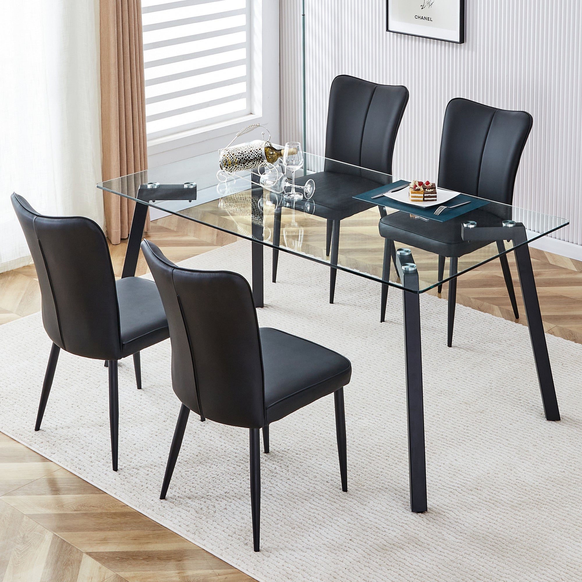 Table and chair set. 1 table and 6 black chairs. Glass dining table with 0.31-inch tempered glass tabletop and black coated metal legs. Equipped with black PU chairs 1123 008