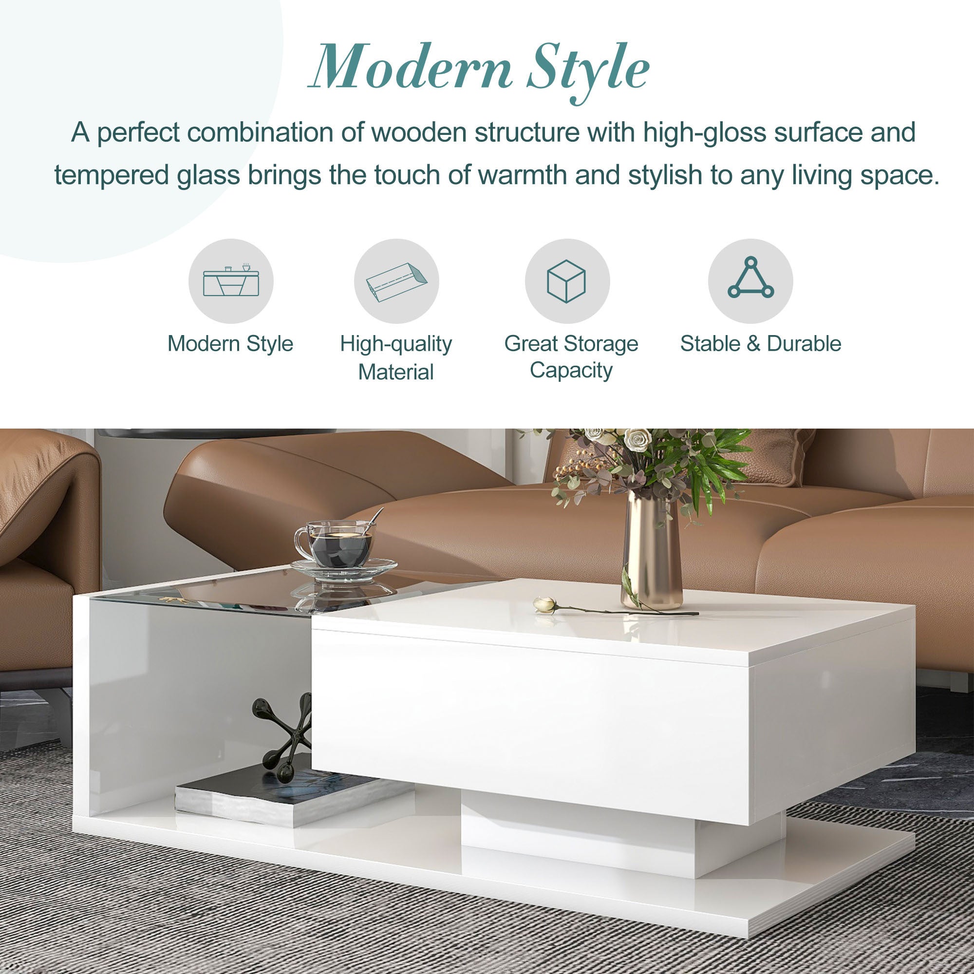 [VIDEO provided] ON-TREND Modern Coffee Table with Tempered Glass, Wooden Cocktail Table with High-gloss UV Surface, Modernist 2-Tier Rectangle Center Table for Living Room, White